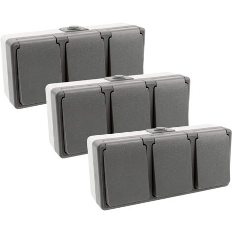 3er Set Feuchtraum Dreifachsteckdose Serie Secure Aufputz IP44 250V grau 3-fach Steckdose