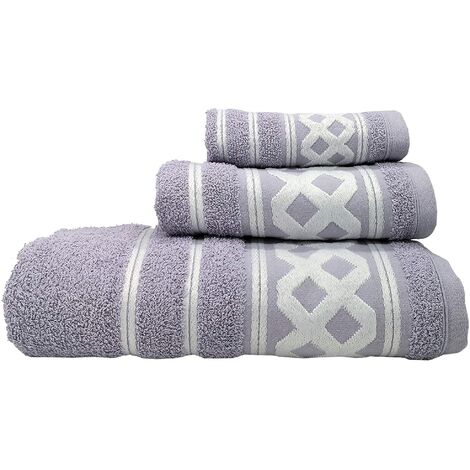 WELLHOME 3ER-SET FROTTEEHANDTÜCHER AUS BAUMWOLLE 450 GR/M2, 50X30 100X50 150X100 CM, FLIEDERFARBEN, AUS DER KOLLEKTION DIAMANTE