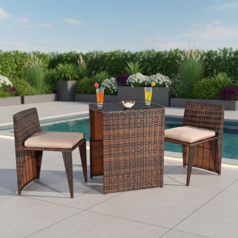 3er Set Gartenmöbel 2 Sitzhocker und Tisch aus Poly Rattan in Braun Sitzgarnitur
