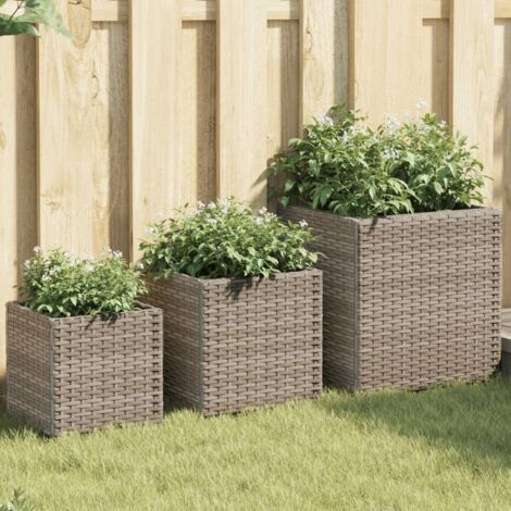 3er Set Gartenpflanzkübel grau aus geflochtener Kunstfaser
