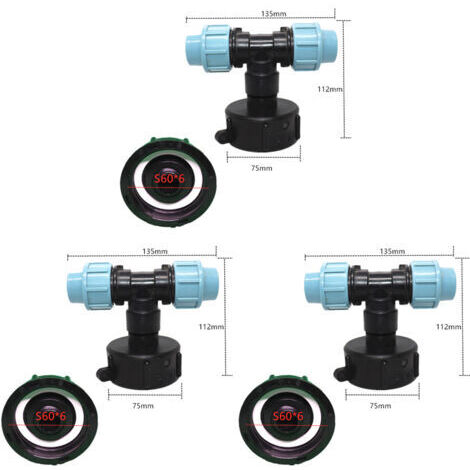 3er Set IBC Tank Adapter S60 x 6 - T-Stück Verbinder für Wasser Schlauch Anschluss - T-Ausgang (T-Stück Ausgang 20mm)