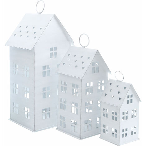 3er Set Laterne in Hausform zum Aufhängen 43 / 31 / 20 cm - weiß - Deko Lampion Außen Innen - Kerzenhalter Windlicht Haus mit Herzen