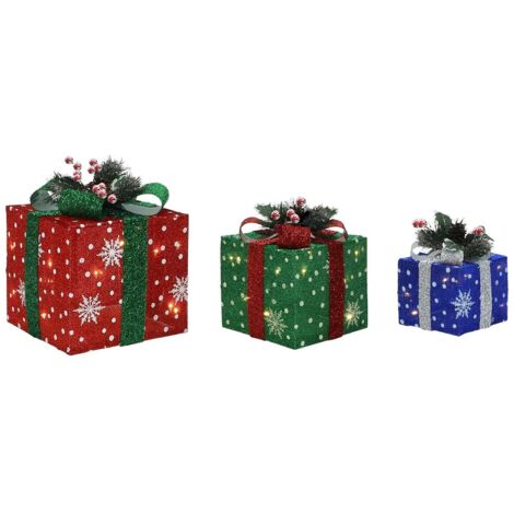 3er-Set LED-Geschenkboxen – Weihnachtsdeko in Rot, Grün & Blau mit Schneeflocken-Muster