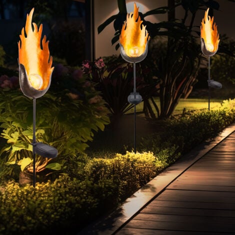 ETC-SHOP 3er Set LED Solar Außen Steck Leuchten Balkon Glas Kugel Lampen Feuer Flammen Effekt Erdspieß