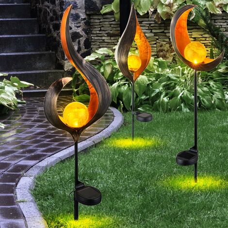 3er Set LED Solar Leuchten Außen Garten Veranda Beleuchtung Dekoration Steck Lampen Flammen Mond