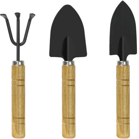 3er-Set Mini-Gartengeräte mit Holz- und Eisengriffen – Schwarz