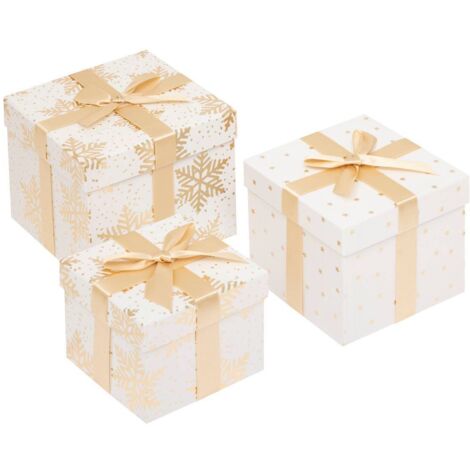3er-Set quadratische Geschenkboxen mit Flockenmuster und goldenen Sternen in Weiß - Feeric lights & christmas