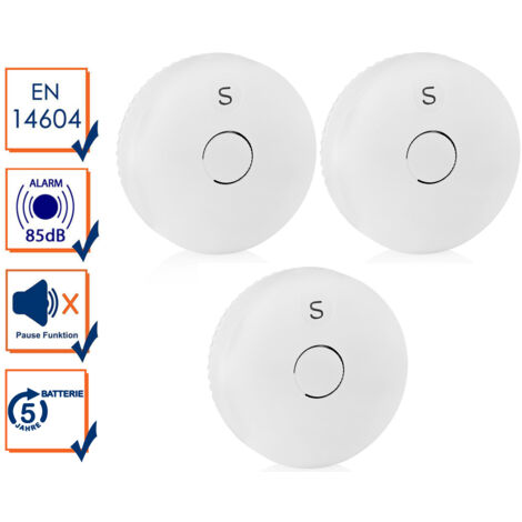 3er Set Rauchmelder mit 5 Jahres Batterie, 85dB Alarmton, Weiß, Ø 10cm