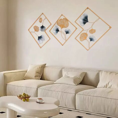 3er Set Wanddeko Metall, Ginkgoblatt Wanddekor Metallbild Schmiedeeisen Wandverzierung Goldenes Wandschmuck für Garten Wohnzimmer Schlafzimmer Esszimmer 164 x 70,5 cm