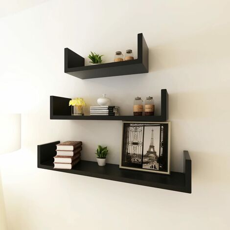 3er Set Wandregal Hängeregal für Bücher/DVD, Bücherregal für Wohnzimmer, Schlafzimmer, Flur, Badezimmer U-förmig, schwarz DTHFF9333196 MaisonChic