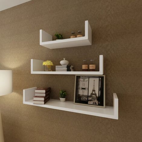 3er Set Wandregal Hängeregal für Bücher/DVD, Bücherregal für Wohnzimmer, Schlafzimmer, Flur, Badezimmer U-förmig, weiß DTHFF4174713 MaisonChic