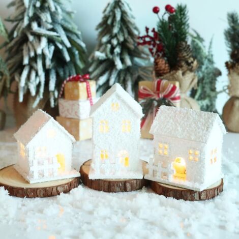 3er Set Weihnachtsdorfhäuser aus Holz mit Schnee beleuchtet, 12 x 7 cm, weiße Figuren, Tischdeko