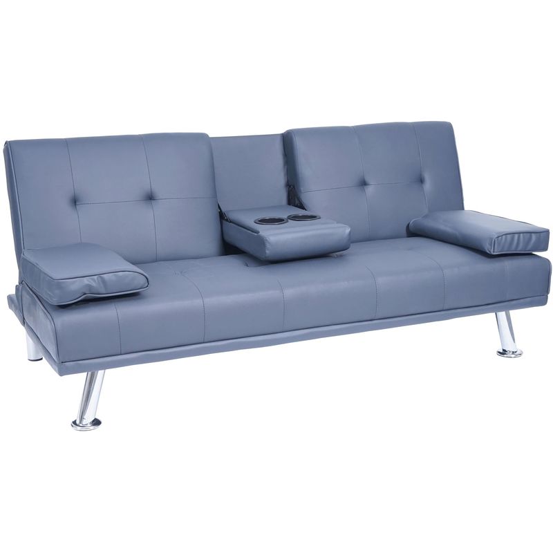 HHG - 3er-Sofa 179, Couch Schlafsofa Gästebett, Tassenhalter verstellbar 97x166cm ~ Kunstleder, dunkelblau