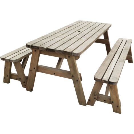 3ft (90cm) Picnic table and bench set, rustic brown finish, Victoria rounded corners