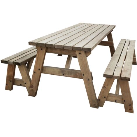 3ft (90cm) Picnic table and bench set, rustic brown finish, Victoria square corners