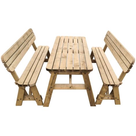 3ft (90cm) Picnic table and bench set, rustic brown finish, Victoria with backrest rounded corners