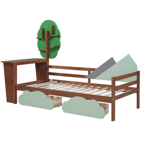 3FT Kids Toddler Bed with Storage Drawers and Desk, Tree Shelves , Single Tree Shape Daybed with 2 Drawers, 90190cm