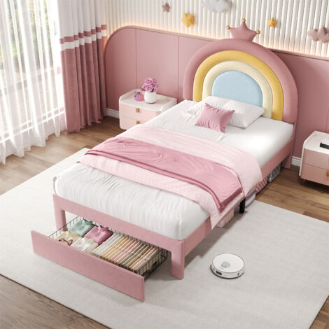 3ft Pink Velvet Upholstered Bed with Rainbow Headboard & Storage Drawer - Adjustable Crown Design, Wood Slats, No Box Spring Needed, 90x190cm