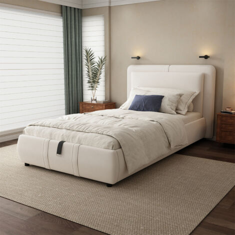 3ft Single Hydraulic Storage Bed, 90x190cm Upholstered Velvet Divan with Removable Headboard, Beige