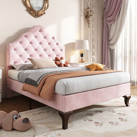 MODERNLUXE 3FT Upholstered Bed Frame, Velvet, height-adjustable headboard, Pink, 90x190 cm