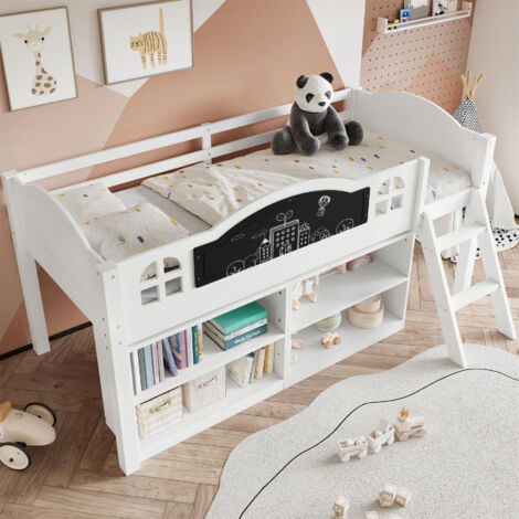 3ft White Wooden Storage Bed with Blackboard & Staircase - 90x190cm Single Kids Bed, Graffiti Chalkboard, Inclined Steps, Built-in Cabinets, Pine+MDF Frame