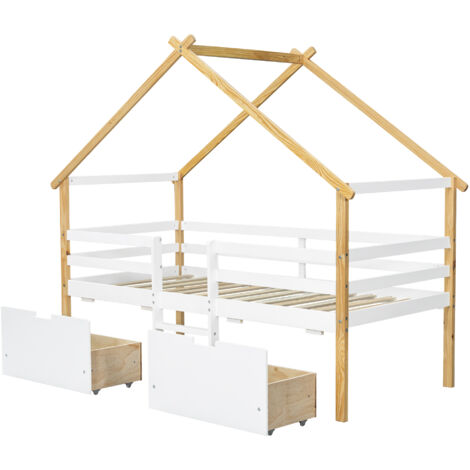 3ft Wooden Kids Bed with Storage Drawers & Safety Rail - 90x190cm Playful House Design, White & Natural Pine, MDF Frame