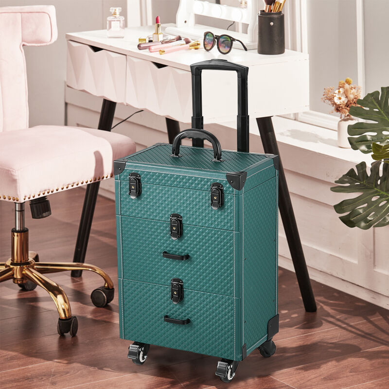 3in1 Cosmetic Trolley Case Beauty case Rolling Makeup Case on Wheels,Green