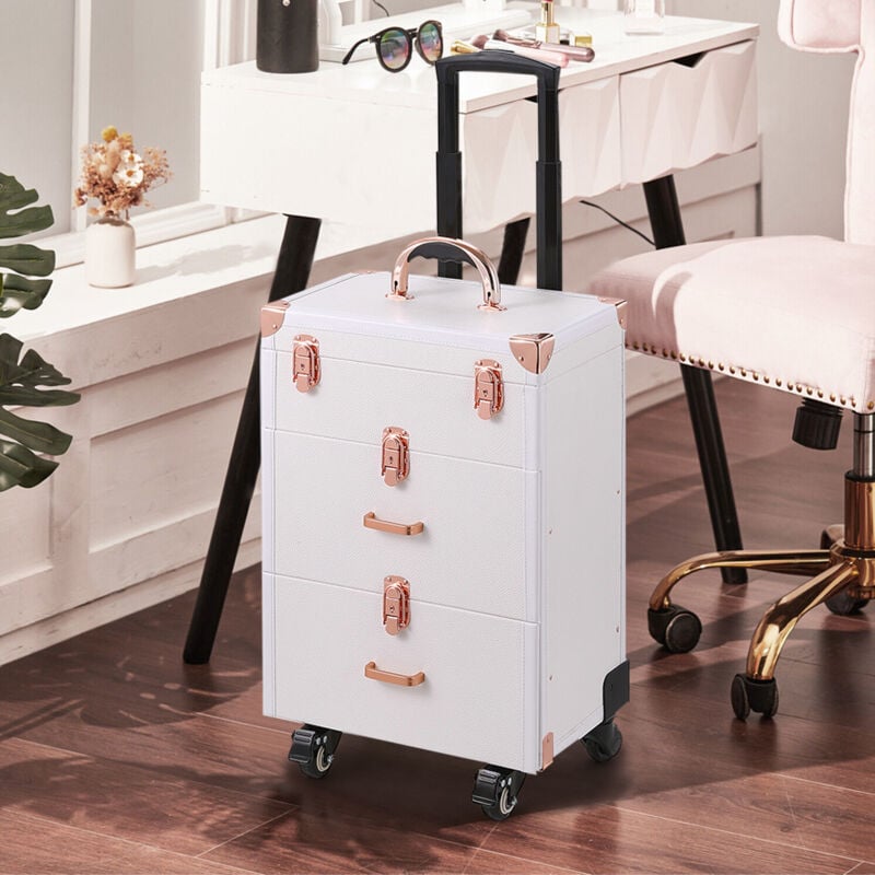 3in1 Cosmetic Trolley Case Beauty case Rolling Makeup Case on Wheels,White