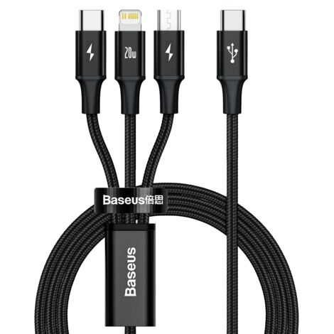 3in1 Kabel USB-C - USB-C / iPhone Lightning / microUSB 20W PD 1,5m - schwarz