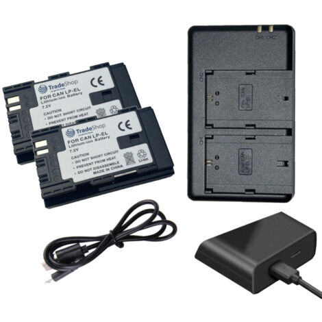 3in1 Set: 2-fach Ladegerät Micro-USB Typ-C + 2x Li-Ion Akku (7,2V / 2600mAh) kompatibel mit Canon LP-EL DS401231 LC-E6 LC-E6E EL-1 EL-5 Speedlite
