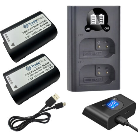 3in1 Set: 2x Akku + Micro-USB Typ-C Doppel Akku Dual LCD Schnell-Ladegerät für 2 Akkus kompatibel mit Panasonic DMW-BLK22 BLK22E BLK22GK DMW-BTC15E
