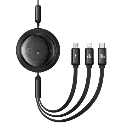 3in1 Universal-Aufrollkabel USB-C - Lightning / USB-C / Micro USB 100W 1,1m - Schwarz
