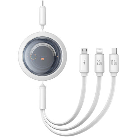 3in1 Universal-Aufrollkabel USB-C - Lightning / USB-C / Micro USB 100W 1,1m - Weiß