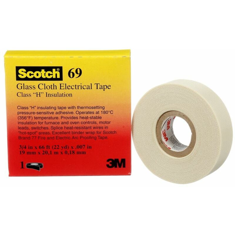 3M - Glass Cloth Electrical Tape 69, MC12, 19 mm x 33 m, 1 Roll - White