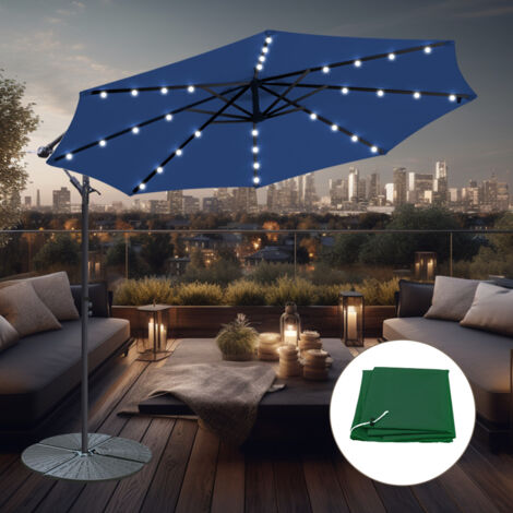 3M Banana Umbrella Blue w/ Base Cover LED Solar Garden Patio Cantilever Parasol
