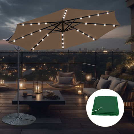 3M Banana Umbrella Taupe w/ Base Cover LED Solar Garden Patio Cantilever Parasol