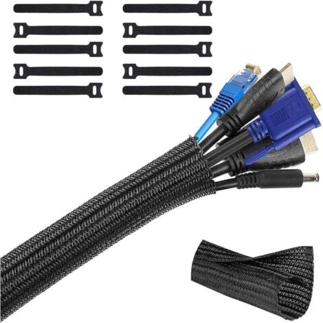 3m Cache Cable Réglable, Gaine Cable Tressée Diamètre 13 mm, Manchon Cable avec 10 Serre-cables, Protection Cable Electrique pour Cables TV/PC/USB/Audio, Noir