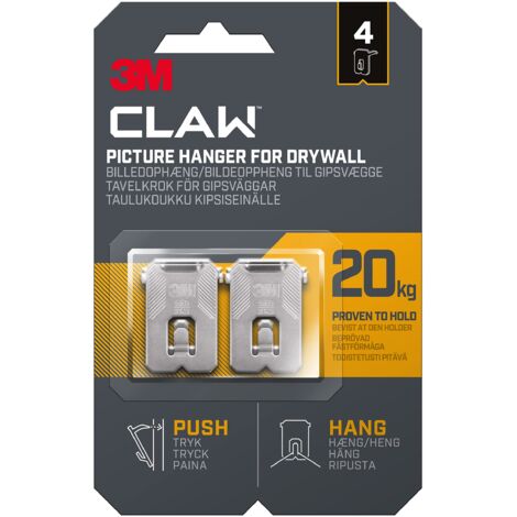 3M Claw Ganci da parete per appendere quadri in cartongesso, 4 ganci, portata fino a 20 kg, ideali per oggetti pesanti