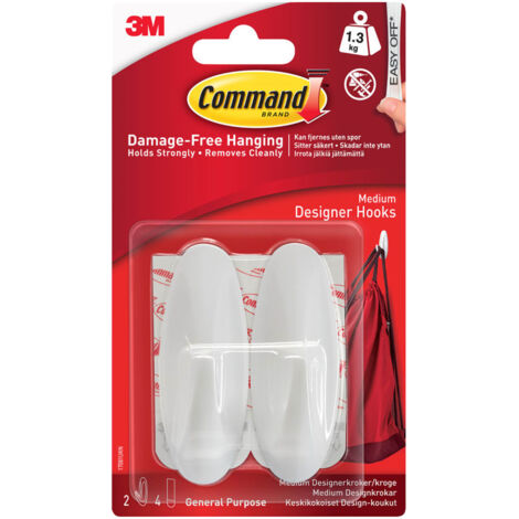 3M Command™ Medium White Designer Adhesive Hooks (Pack of 2) - Easy-to-Use Removable Wall Hooks