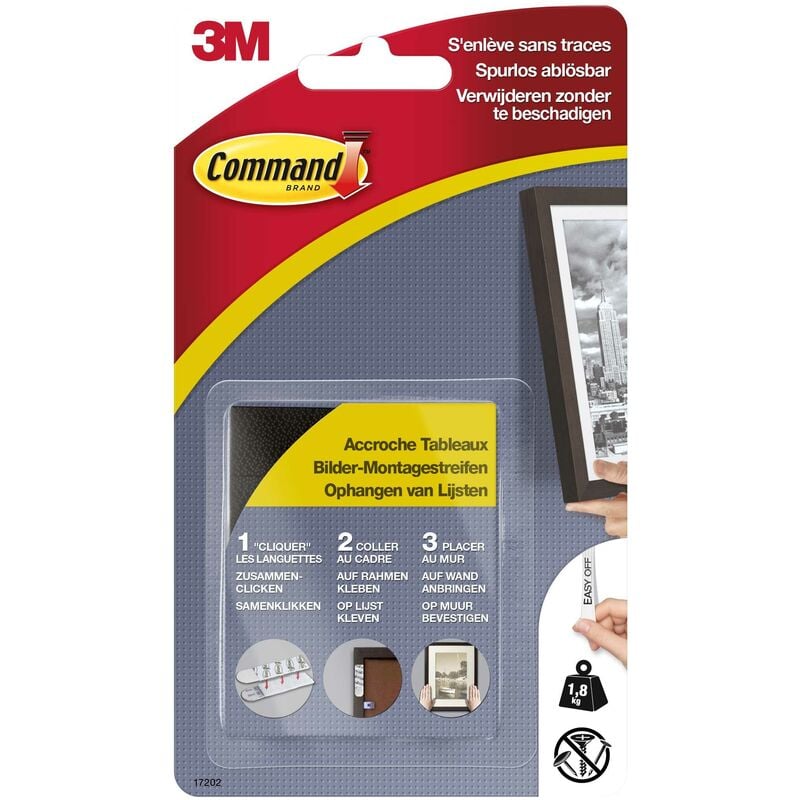 Command pack de 4 x 2 languettes petites d'accrochage de tableaux pour cadres/murs foncés 1,8 kg - 3M
