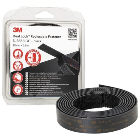 3M Dual Lock Sistema di fissaggio richiudibile SJ355B CF - eccellente adesione su metalli, vetro, acrilico, policarbonato, ABS - 25mm x 2.5m, 5.7mm, nero (1 Pezzo)