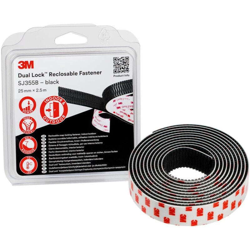 3M - Dual Lock SJ3550 Noir 40têtes/cm² Fermeture à pression flexible25mm x 2.5 m x 5.7 mm (Par 4)