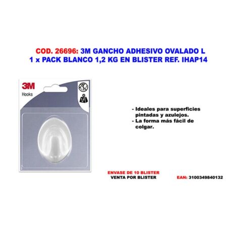 3M Gancio Adesivo Forma Ovale, Bianco, L