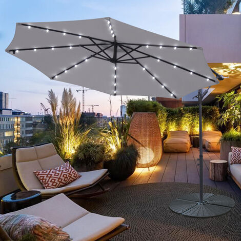 3m Garden Hanging Parasol Sun Shade Patio 32 LED Banana Umbrella Cantilever Grey w/ Base