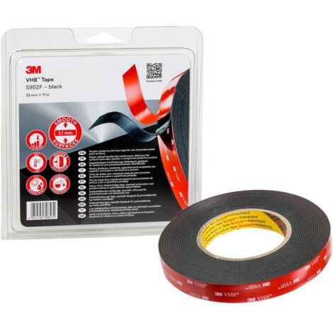 3M Nastri Adesivi Vhb ad Ottima Resistenza 5952F - Ottima Adesione Su Vernici A Polvere, Metalli, Vetro, Legno, Acrilico, Policarbonato, Abs - 19Mm X 11M, Nero, Spessore: 1.1Mm (1 Pezzo)