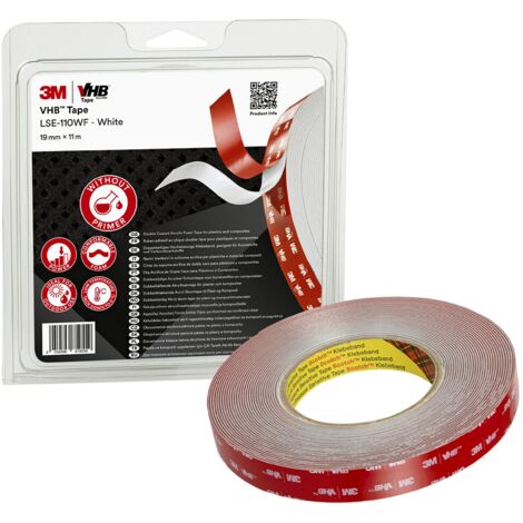 3M Nastri Adesivi Vhb ad Ottima Resistenza Lse-110Wf - Ottima Adesione Su Materie Plastiche Come Polipropilene, Tpo, Tpe E Materiali Compositi - 19Mm X 11M, Bianco, Spessore: 1.1Mm (1 Pezzo)