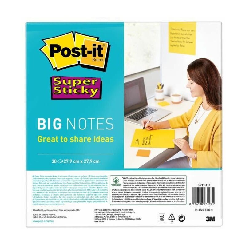 Image of Post-it - 3M Notizzettel Super Sticky Big Notes Gelb pouch autoadesiva Quadrato Giallo 30 fogli