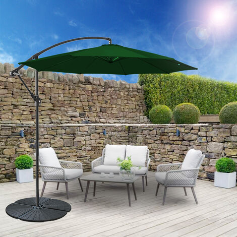 3M Outdoor Hanging Parasol Patio Banana Sun Shade Garden Canopy Umbrella Green with Base