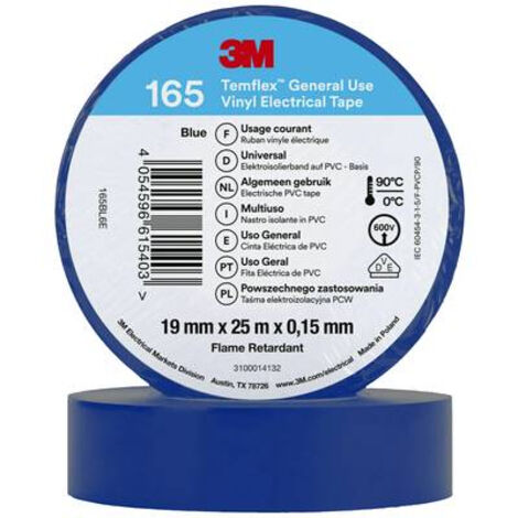 3M – Ruban isolant 165BL6E – Temflex™ 165 bleu – Largeur 19 mm – Longueur 25 m – Vinyle pour applications électriques - MM 1 PC
