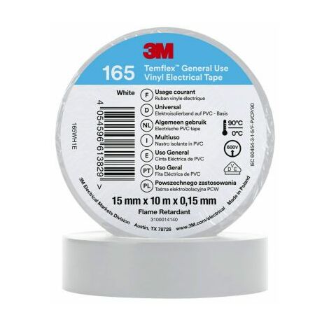3M – Ruban isolant vinyle blanc 10m x 15mm – Résistance chaleur +90°C – Épaisseur 0.152mm – Applications électriques et isolation